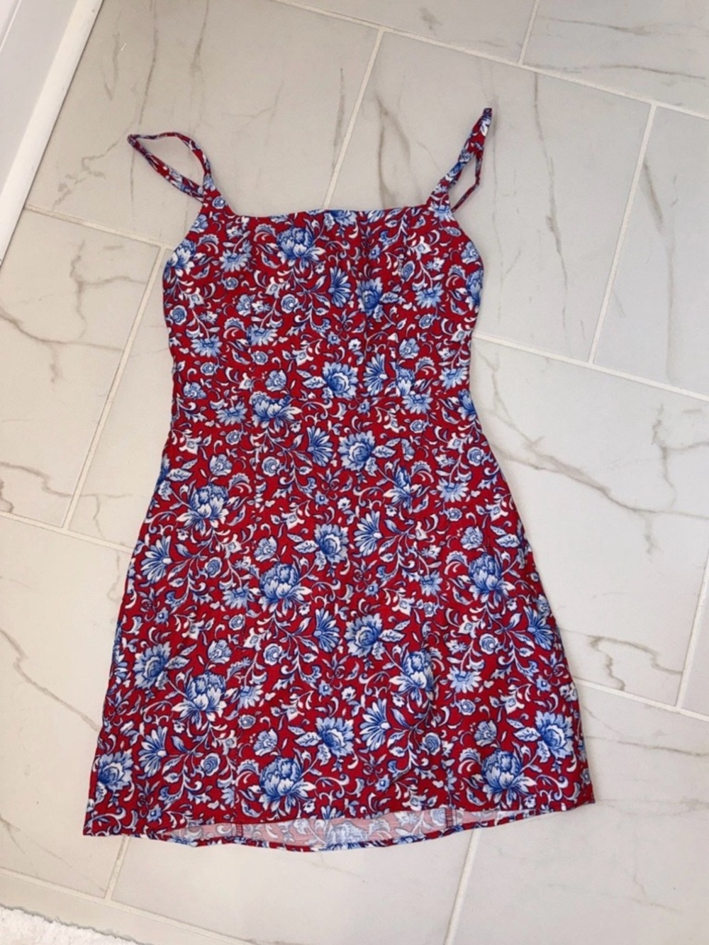Mango Red Mini Dress with Blue and White Floral Print